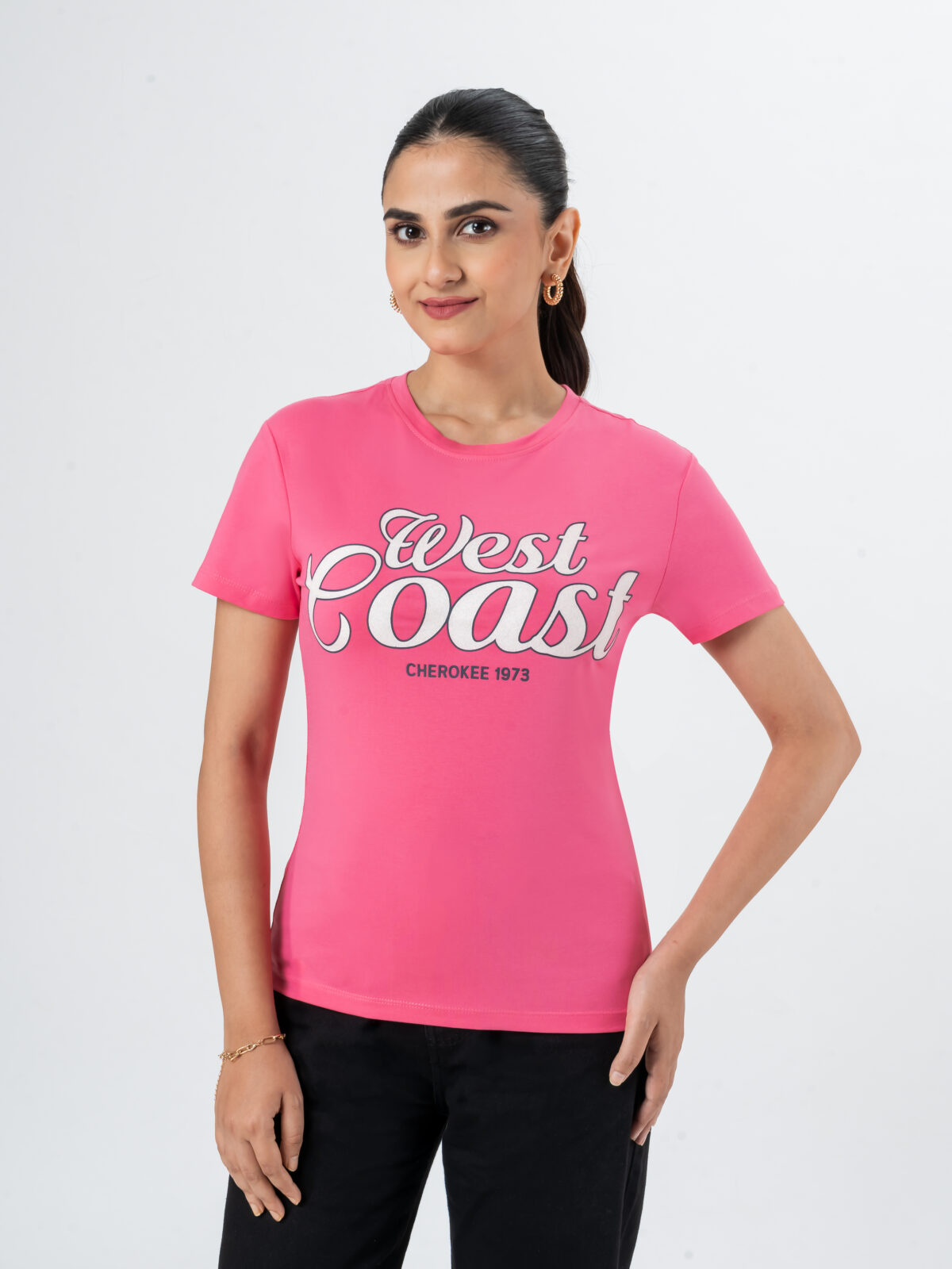 CHEROKEE Women’s Cotton Blend West Coast Graphic Regular Fit T-shirt (Neon Pink, Pack Of 1)
