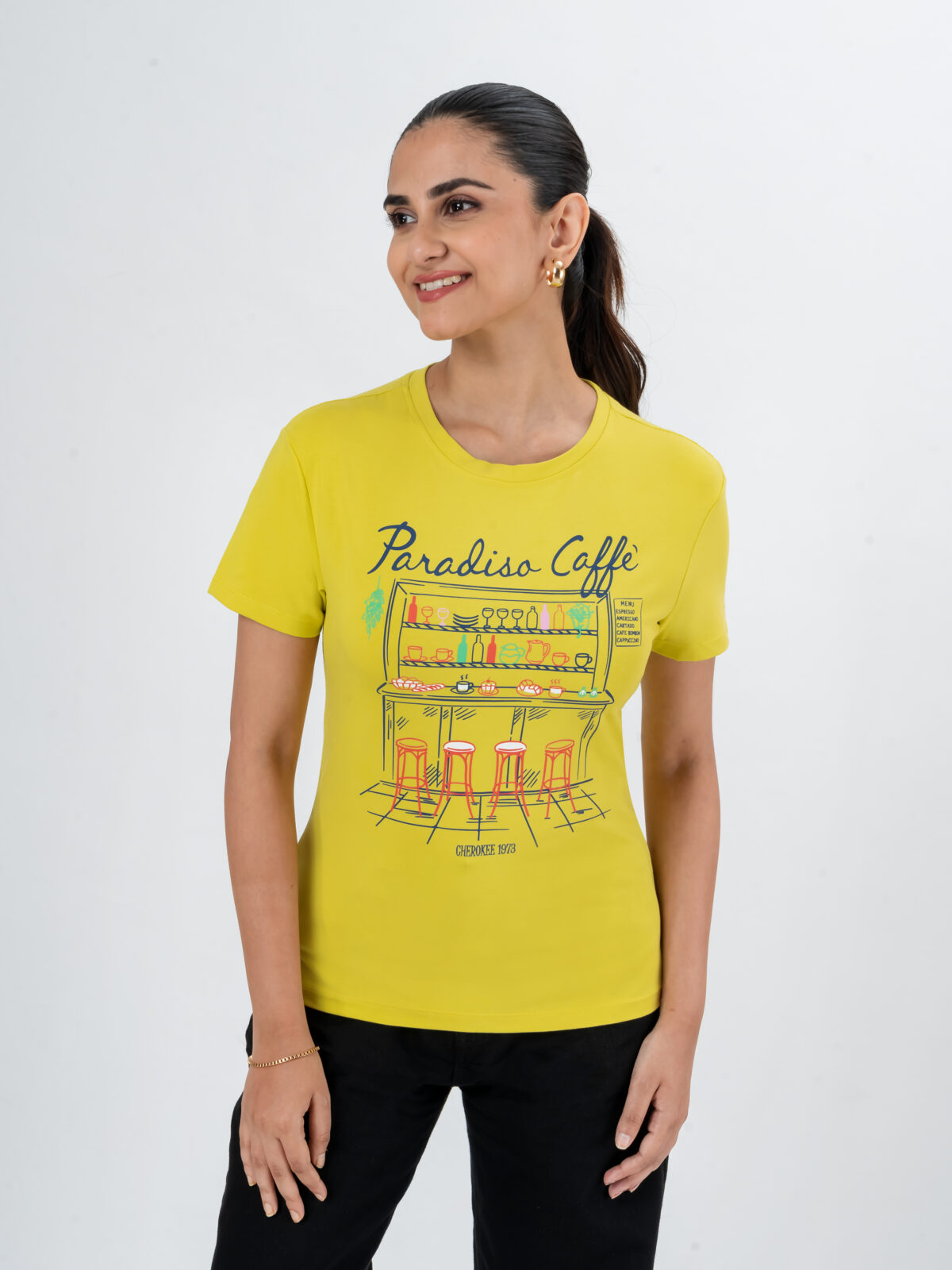 CHEROKEE Women’s Cotton Blend Paradiso Caffè Graphic Regular Fit T-shirt (Yellow, Pack Of 1)