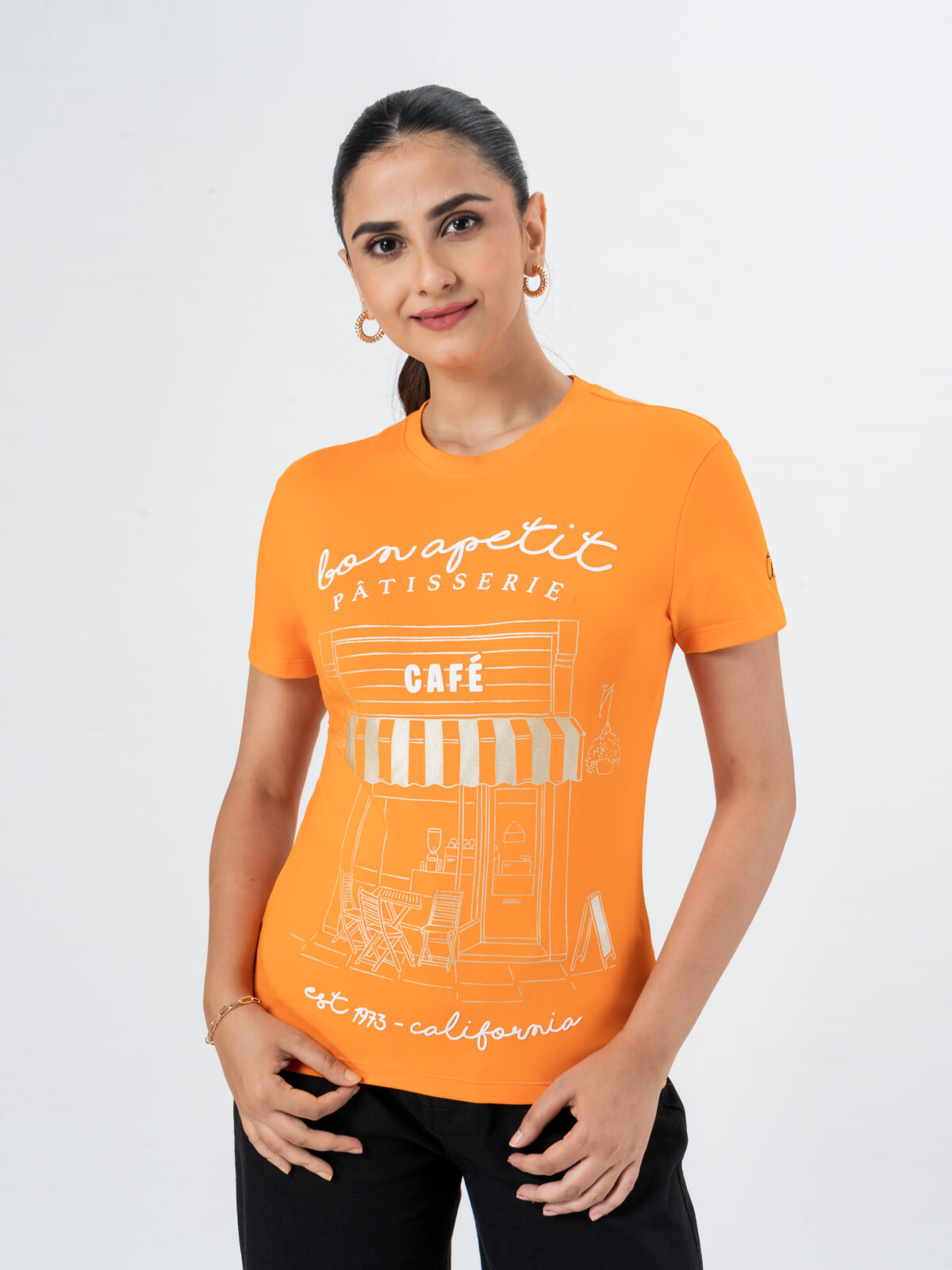 CHEROKEE Women’s Cotton Blend Bon Appetit Graphic Regular Fit T-shirt (Orange, Pack Of 1)