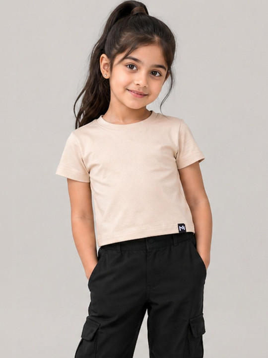 Minute Mirth Girls’ Cotton Solid Crop T-shirt (Off White, Pack Of 1)