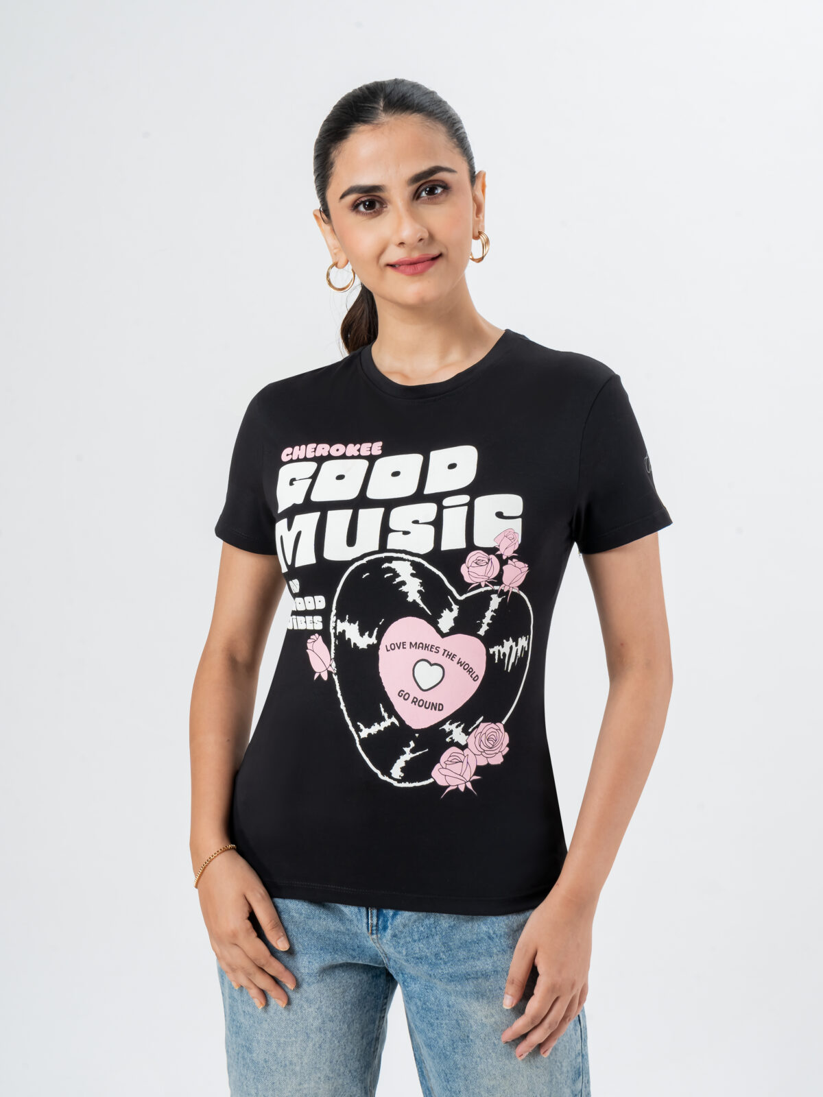 CHEROKEE Women’s Cotton Blend Good Music Graphic Regular Fit T-shirt (Black, Pack Of 1)