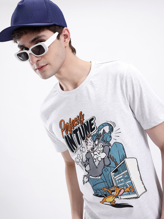 Minute Mirth Men’s Tom & Jerry Graphic Printed Cotton T-shirt (Grey Melange, Pack Of 1)
