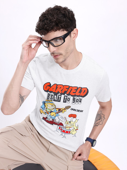 Minute Mirth Men’s Garfield Humour & Comic Printed Pure Cotton T-shirt (Grey Melange, Pack Of 1)