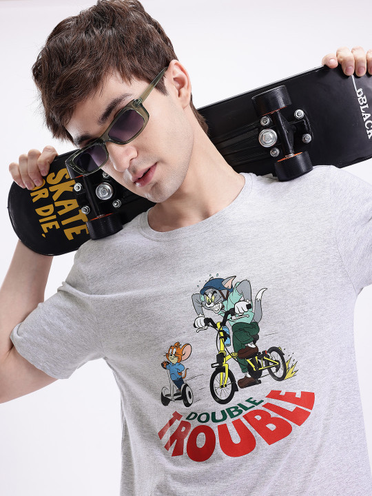 Minute Mirth Men’s Tom & Jerry Printed Cotton T-shirt (Grey, Pack Of 1)