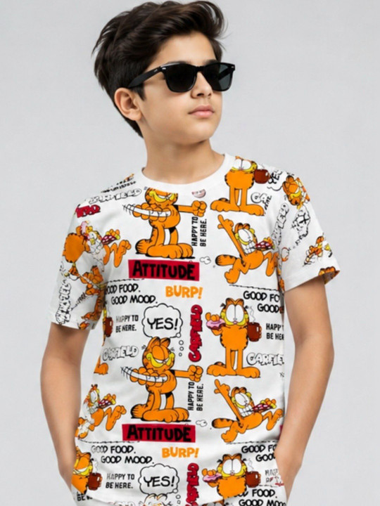 Minute Mirth Boys’ Pure Cotton Garfield Printed T-shirt with Shorts Set (White, Pack Of 1)