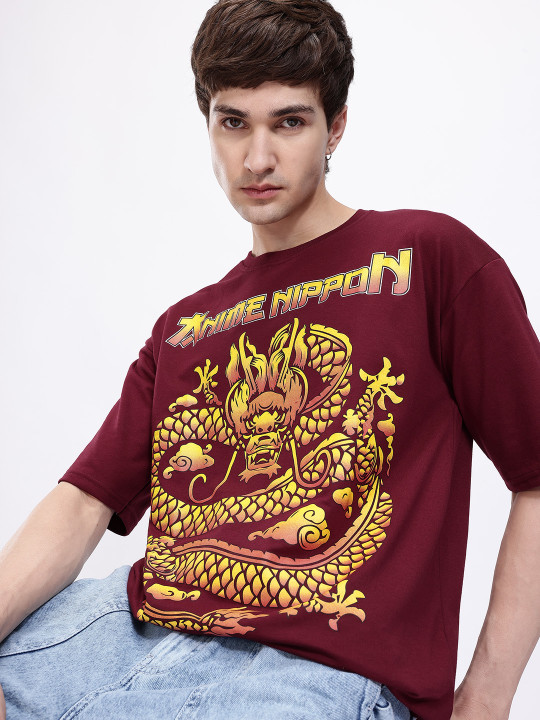 Minute Mirth Men’s Anime Nippon Printed Oversized T-shirt (Maroon, Pack Of 1)