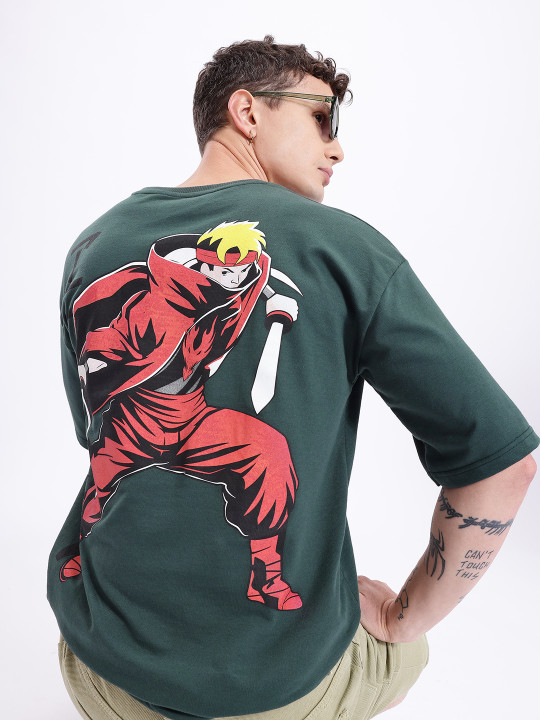 Minute Mirth Men’s Anime Nippon Graphic Printed Oversized T-shirt (Green, Pack Of 1)