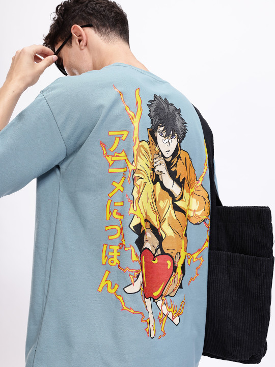Minute Mirth Men’s Anime Nippon Graphic Printed Pure Cotton Oversized T-shirt (Blue, Pack Of 1)