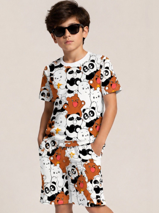 Minute Mirth Boys’ Pure Cotton We Bare Bears Printed T-shirt with Shorts Set (White, Pack Of 1)
