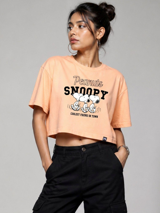 Minute Mirth Women’s Polyester Snoopy Printed Boxy Crop T-shirt (Peach, Pack Of 1)
