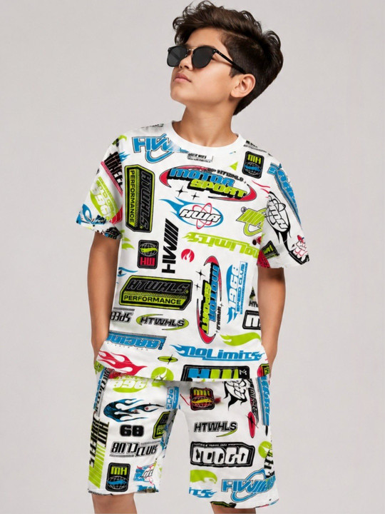 Minute Mirth Boys’ Pure Cotton Hot Wheels Printed T-shirt with Shorts Set (White, Pack Of 1)