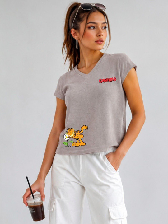 Minute Mirth Women’s Cotton Garfield Printed V-Neck T-shirt (Grey, Pack Of 1)