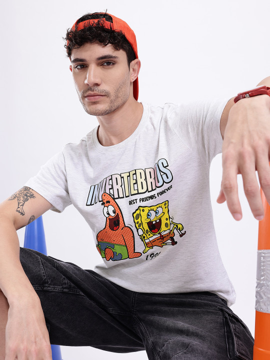 Minute Mirth Men’s SpongeBob Humour & Comic Printed Cotton T-shirt (Grey, Pack Of 1)