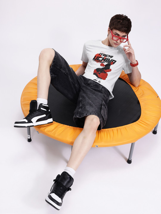 Minute Mirth Men’s Naruto Printed Cotton T-shirt (Grey, Pack Of 1)