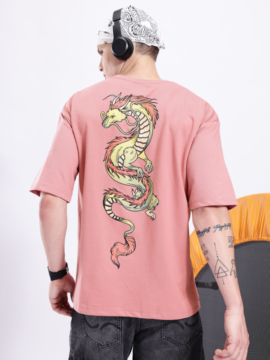 Minute Mirth Men’s Anime Nippon Graphic Printed Pure Cotton Oversized T-shirt (Pink, Pack Of 1)