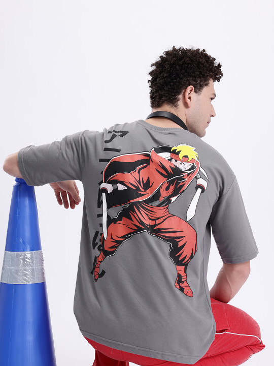 Minute Mirth Men’s Anime Nippon Graphic Printed Oversized T-shirt (Grey, Pack Of 1)