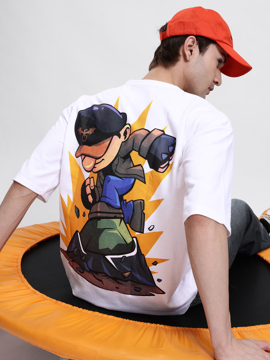 Minute Mirth Men’s Anime Nippon Graphic Printed Pure Cotton Oversized T-shirt (White, Pack Of 1)