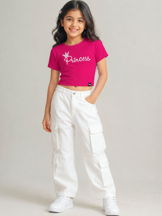 Minute Mirth Girls’ Cotton Typography Printed Embroidered Crop T-shirt (Fuchsia, Pack Of 1)