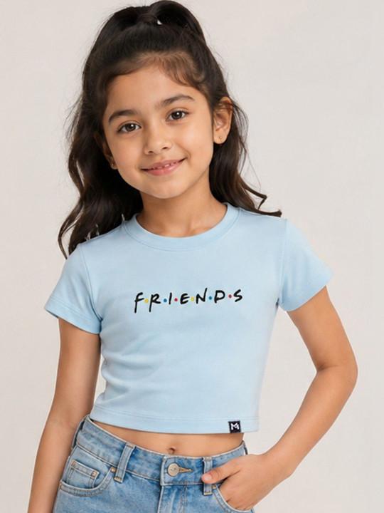 Minute Mirth Girls’ Cotton Friends Typography Printed Embroidered Crop T-shirt (Blue, Pack Of 1)