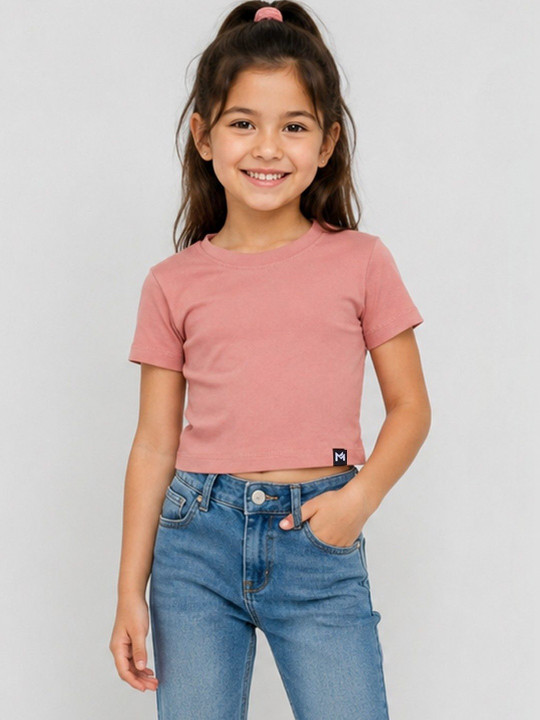 Minute Mirth Girls’ Cotton Solid Crop T-shirt (Peach, Pack Of 1)