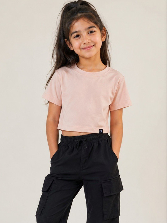 Minute Mirth Girls’ Cotton Solid Crop T-shirt (Peach, Pack Of 1)