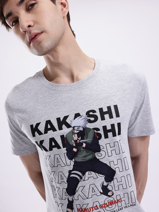 Minute Mirth Men’s Naruto Printed Cotton T-shirt (Grey, Pack Of 1)