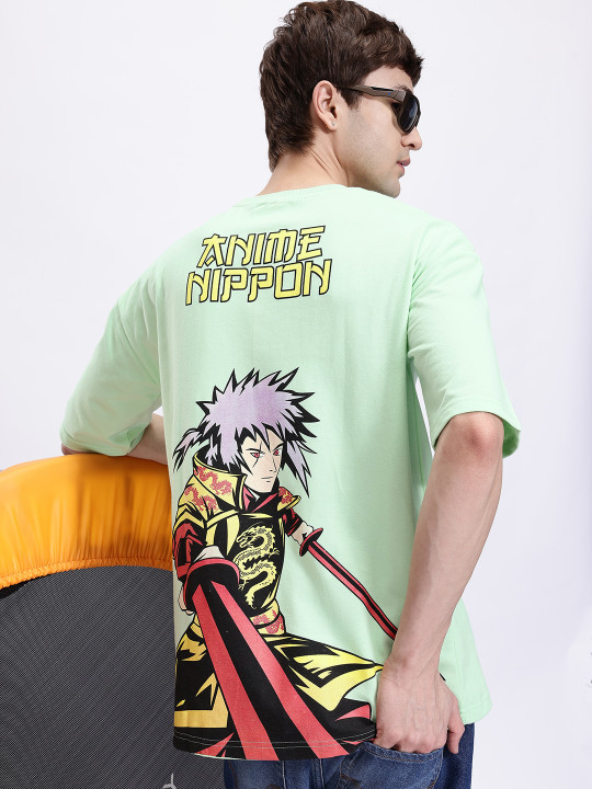 Minute Mirth Men’s Anime Nippon Graphic Printed Oversized T-shirt (Green, Pack Of 1)