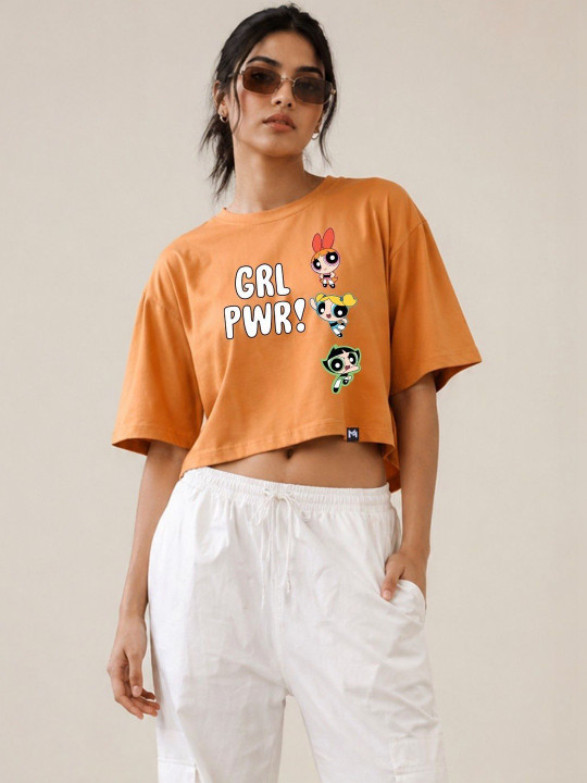Minute Mirth Women’s Polyester Powerpuff Girls Printed Boxy Crop T-shirt (Orange, Pack Of 1)