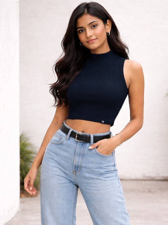 Minute Mirth Women’s Cotton Solid Crop T-shirt (Navy Blue, Pack Of 1)