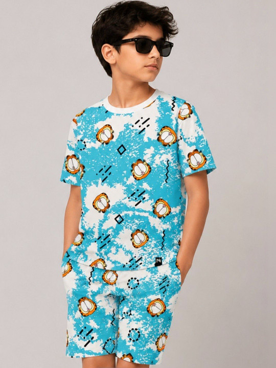Minute Mirth Boys’ Pure Cotton Garfield Printed T-shirt with Shorts Set (White, Pack Of 1)