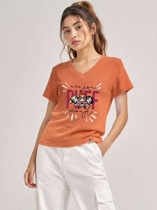Minute Mirth Women’s Cotton Powerpuff Girls Printed V-Neck T-shirt (Orange, Pack Of 1)