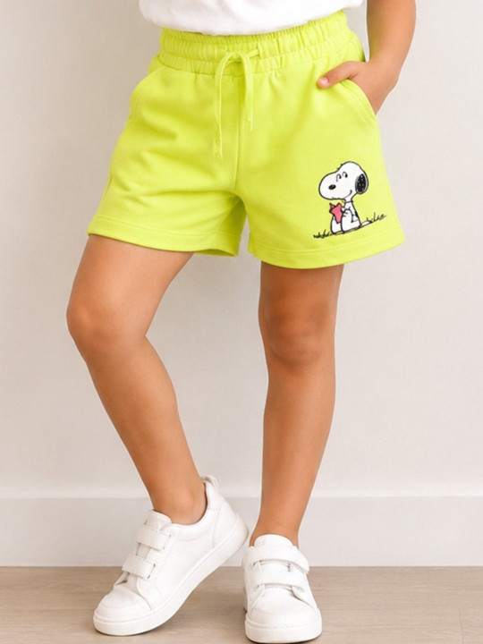 Minute Mirth Girls’ Cotton Snoopy Printed Regular Shorts (Green, Pack Of 1)