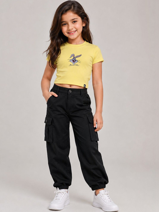 Minute Mirth Girls’ Cotton Looney Tunes Graphic Embroidered Crop T-shirt (Yellow, Pack Of 1)