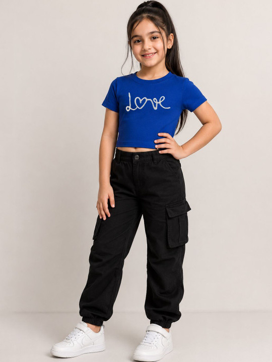 Minute Mirth Girls’ Cotton Typography Printed Embroidered Crop T-shirt (Blue, Pack Of 1)