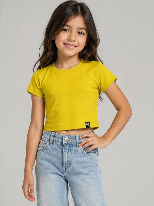 Minute Mirth Girls’ Cotton Solid Crop T-shirt (Yellow, Pack Of 1)