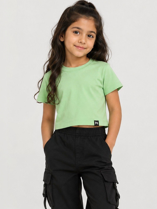 Minute Mirth Girls’ Cotton Solid Crop T-shirt (Green, Pack Of 1)