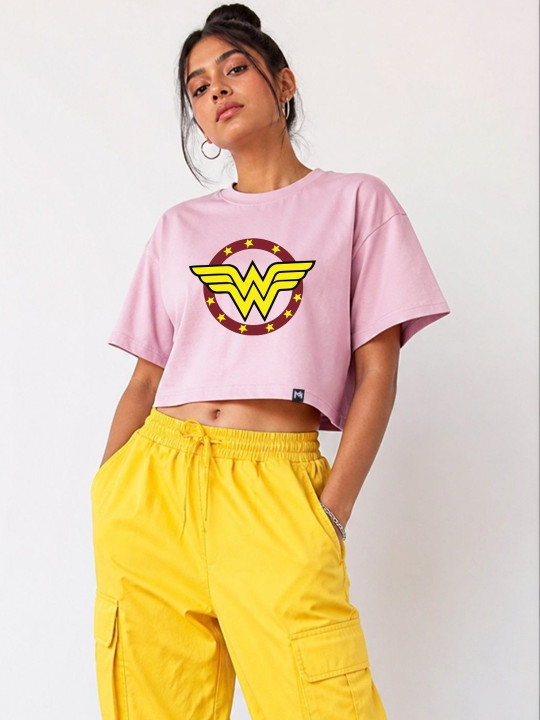 Minute Mirth Women’s Polyester Wonder Woman Printed Boxy Crop T-shirt (Pink, Pack Of 1)