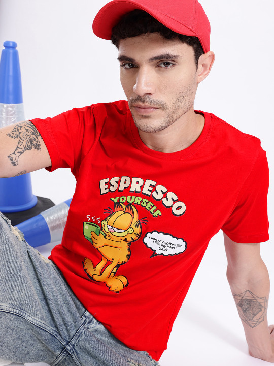 Minute Mirth Men’s Garfield Humour & Comic Printed Pure Cotton T-shirt (Red, Pack Of 1)