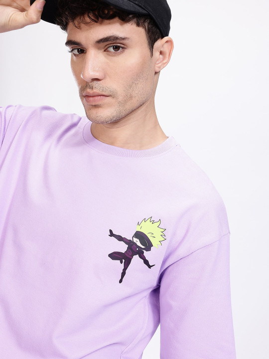 Minute Mirth Men’s Anime Printed Drop-Shoulder Sleeves Pure Cotton Oversized T-shirt (Lavender, Pack Of 1)