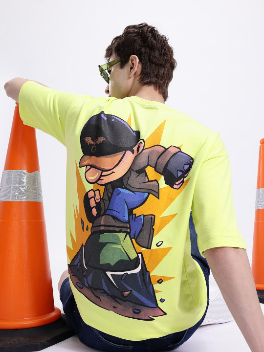 Minute Mirth Men’s Anime Nippon Graphic Printed Pure Cotton Oversized T-shirt (Lime Green, Pack Of 1)