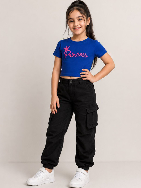 Minute Mirth Girls’ Cotton Typography Printed Embroidered Crop T-shirt (Blue, Pack Of 1)