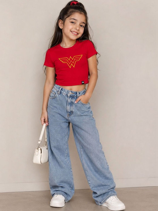Minute Mirth Girls’ Cotton Wonder Woman Brand Logo Printed Embroidered Crop T-shirt (Red, Pack Of 1)