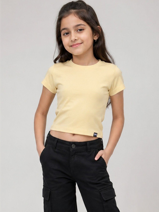 Minute Mirth Girls’ Cotton Solid Crop T-shirt (Cream, Pack Of 1)