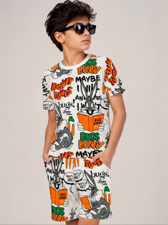 Minute Mirth Boys’ Pure Cotton Bugs Bunny Printed T-shirt with Shorts Set (White, Pack Of 1)