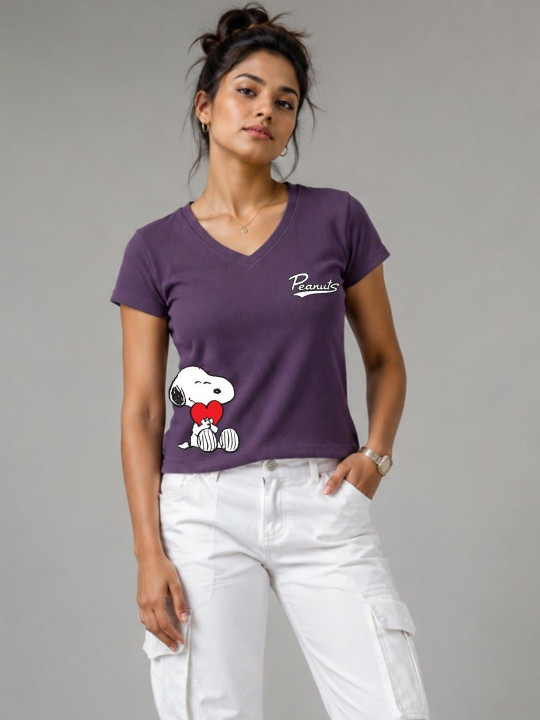 Minute Mirth Women’s Cotton Snoopy Printed V-Neck T-shirt (Purple, Pack Of 1)