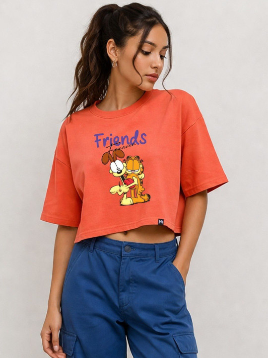 Minute Mirth Women’s Polyester Garfield Printed Boxy Crop T-shirt (Orange, Pack Of 1)