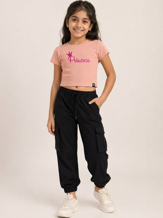 Minute Mirth Girls’ Cotton Typography Printed Embroidered Crop T-shirt (Peach, Pack Of 1)