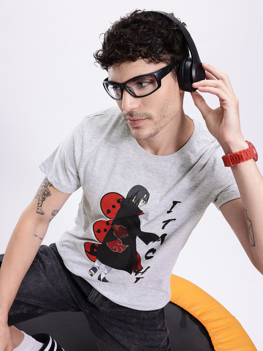 Minute Mirth Men’s Naruto Printed Cotton T-shirt (Grey Melange, Pack Of 1)