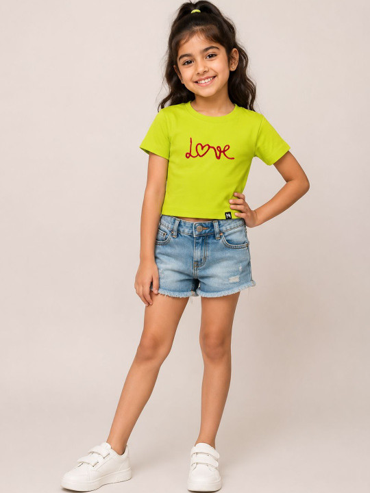 Minute Mirth Girls’ Cotton Typography Printed Embroidered Crop T-shirt (Green, Pack Of 1)