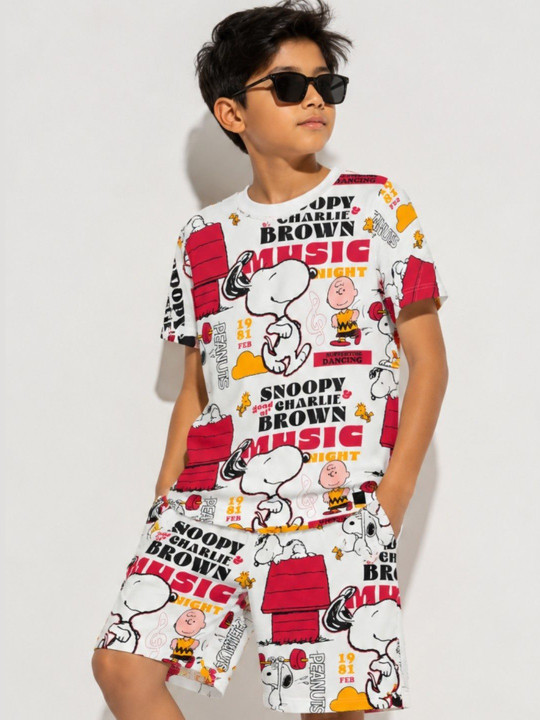 Minute Mirth Boys’ Pure Cotton Peanuts Printed T-shirt with Shorts Set (White, Pack Of 1)